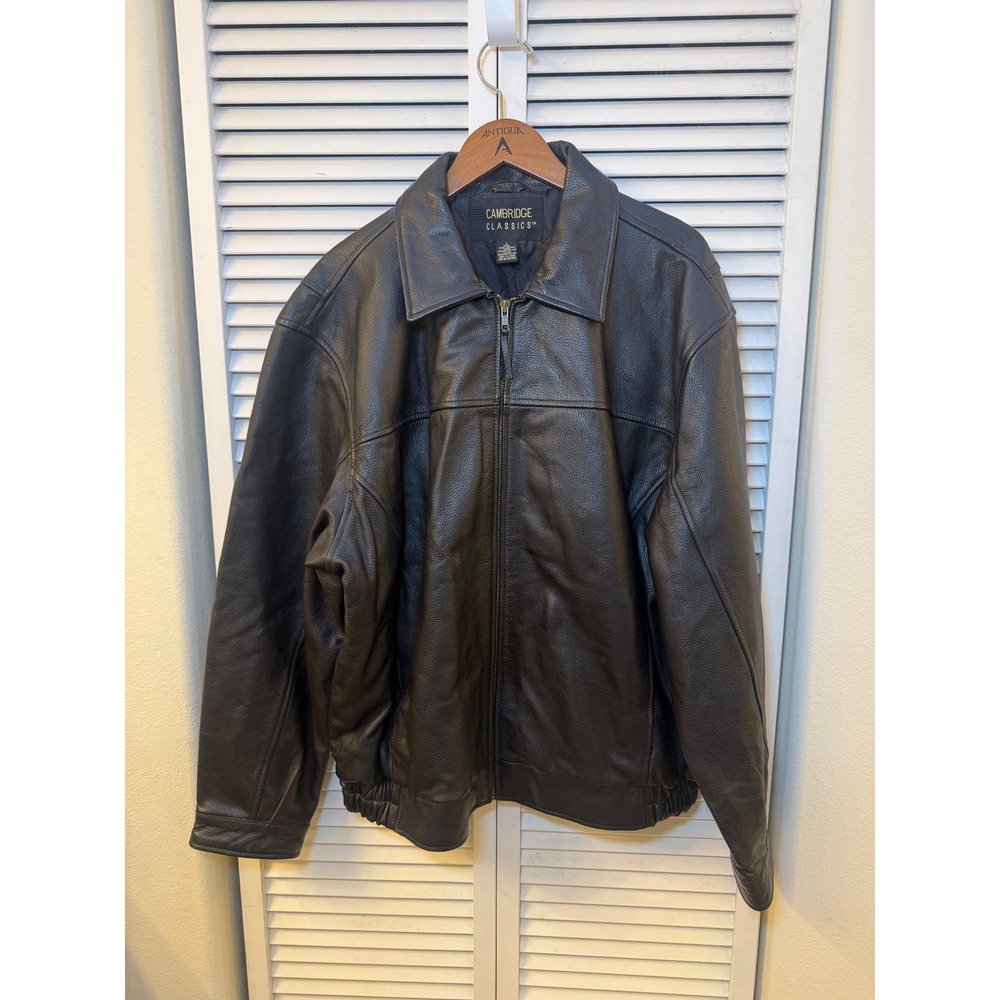 Cambridge Classics Mens Black Leather Bomber Jacket Size L Lined Zip Up
